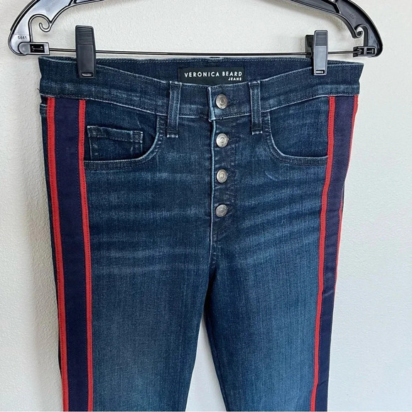 Veronica Beard Carolyn 10” Baby Boot Jeans Midnight Blue Tuxedo Stripe Red - Picture 5 of 12